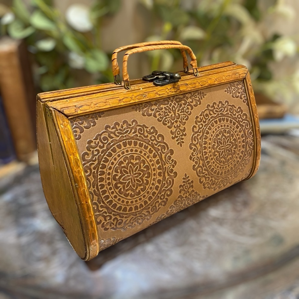 Vintage c1940s Wood Leather Satchel Bag Purse Cognac Brown Double Handle